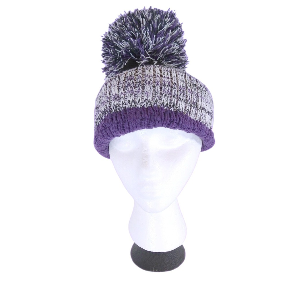 Purple White Black Chunky Knit Pom Pom Beanie Hat Winter‎ Cuffed Cap Womens